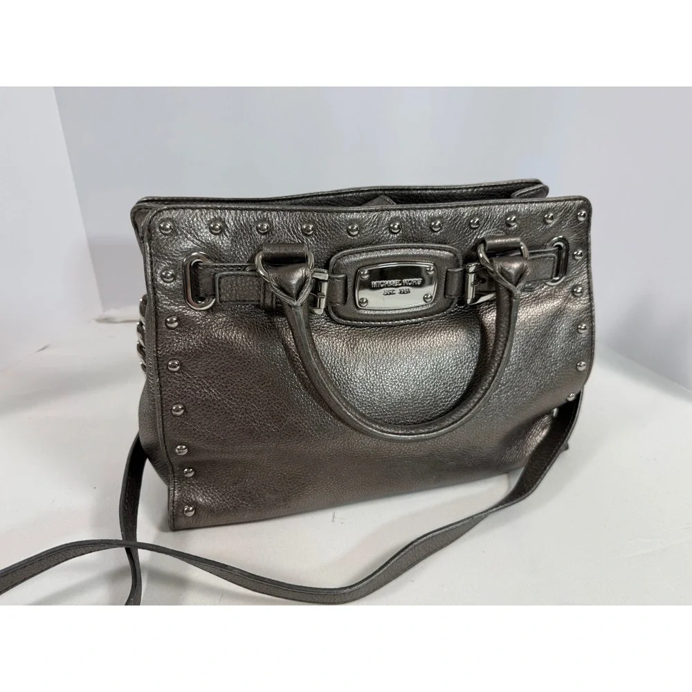 Michael Kors Hamilton Satchel Metallic Pewter Studded Leather Crossbody Bag
